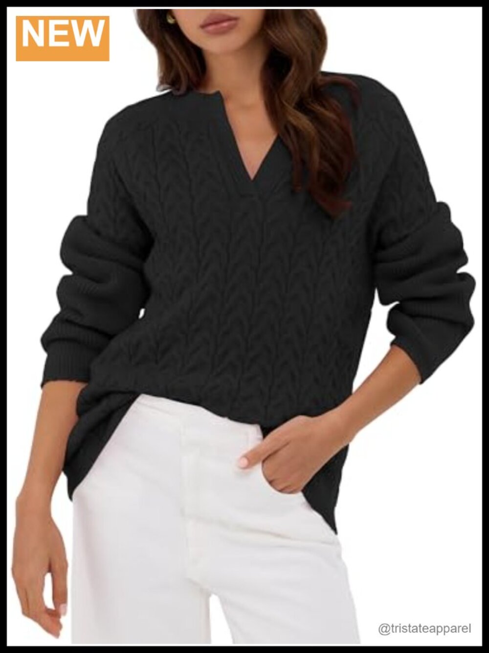 Cozy Cable Knit Pullover Sweater Long Sleeve V-Neck Chunky Top Fall Winter